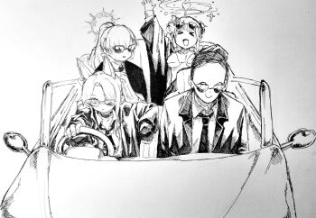 >_< 1boy 3girls ^_^ a_(mitei7926) animal_ear_fluff animal_ears arm_up bikini blue_archive car choker closed_eyes closed_mouth collared_shirt driving expressionless eyewear_on_head formal_clothes greyscale hair_over_one_eye halo highres jacket long_hair long_sleeves mika_(blue_archive) monochrome motor_vehicle multiple_girls nagisa_(blue_archive) necktie open_clothes open_jacket open_mouth ponytail seia_(blue_archive) sensei_(blue_archive) shirt short_hair smile suit sunglasses swimsuit traditional_media very_short_hair