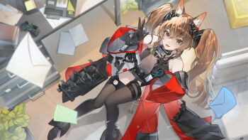 Rule 34 | 1girl, angelina (arknights), animal ears, arknights, arknights: endfield, bare shoulders, black gloves, black thighhighs, brown eyes, brown hair, coat, commentary request, envelope, fox ears, fox girl, full body, gilberta (arknights), gloves, highres, indoors, long hair, looking at viewer, off shoulder, pigeon-toed, red coat, solo, thighhighs, twintails, v, zuiai gongzhu dianxia