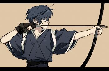 Rule 34 | 1boy, absurdres, aiming, archery, arrow (projectile), blue eyes, blue hair, blue kimono, bow (weapon), brown background, drawing bow, gloves, gyu9447, highres, holding, holding arrow, holding bow (weapon), holding weapon, japanese clothes, kaito (vocaloid), kimono, kyuudou, letterboxed, male focus, manimani (vocaloid), outstretched arm, partially fingerless gloves, partly fingerless gloves, simple background, single glove, solo, tasuki, upper body, virtual youtuber, vocaloid, weapon, yugake