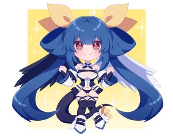 1girl absurdres angel_wings asymmetrical_wings bare_shoulders blue_hair blush bow breasts cleavage dizzy_(guilty_gear) guilty_gear hair_ribbon hair_rings highres large_breasts long_hair looking_at_viewer monster_girl red_eyes ribbon smile solo tail tail_bow tail_ornament tail_ribbon thighhighs twintails w3n6e wings yellow_ribbon