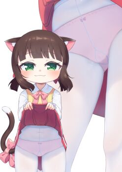 1girl :3 animal_ear_fluff animal_ears arched_bangs artist_name azur_lane blunt_bangs blush bow bow_panties bowtie brown_hair cat_ears cat_girl cat_tail closed_mouth clothes_lift collared_shirt commentary_request commission covered_navel cowboy_shot crotch_seam fang fang_out female_focus flat_chest green_eyes highres kokone_(coconeeeco) lifting_own_clothes loli long_sleeves looking_at_viewer miniskirt mtu_virus multiple_views mutsuki_(azur_lane) mutsuki_(retrofit)_(azur_lane) no_headwear paid_reward_available panties panties_under_pantyhose pantyhose pink_bow pink_bowtie pink_panties pink_skirt pleated_skirt shirt short_hair short_twintails simple_background skeb_commission skin_fang skirt skirt_lift standing tail tail_bow tail_ornament twintails underwear vest white_background white_shirt yellow_vest