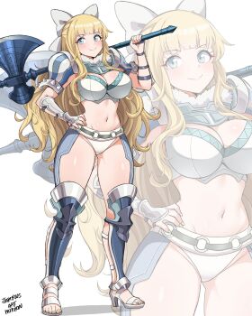 1girl arm_guards armor axe bare_legs battle_axe bikini bikini_armor blonde_hair blue_eyes blush bow breasts charlotte_(fire_emblem) cleavage closed_mouth female_focus fire_emblem fire_emblem_fates full_body fur_trim hair_bow hand_on_own_hip high_heels highres holding holding_axe holding_weapon jarckius large_breasts long_hair looking_at_viewer navel nintendo panties pauldrons sandals shoulder_armor smile solo standing stomach swimsuit thick_thighs thighs toes underwear very_long_hair wavy_hair weapon white_bikini white_bow white_panties wide_hips