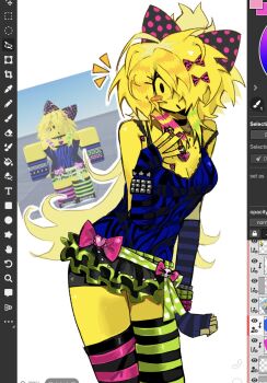 1girl asymmetrical_legwear bare_shoulders black_choker black_skirt blonde_hair blue_tank_top bow breasts choker cleavage colored_skin green_trim hair_bow highres iinquint looking_at_viewer mismatched_legwear noob_(roblox) notice_lines pink_bow raccoon_tails_(hairstyle) reference_inset roblox scene_fashion skirt spaghetti_strap striped_clothes striped_thighhighs tank_top thighhighs uneven_legwear yellow_skin