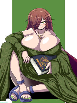 1girl alternate_breast_size_(larger) alternate_costume blue_sandals blush book breasts brown_hair cleavage closed_mouth commentary_request dress fingernails full_body green_background green_dress green_eyes green_nails grimoire hair_over_one_eye hexagram highres holding holding_book huge_breasts itini-sanshi jewelry long_hair looking_at_viewer necklace off-shoulder_dress off_shoulder rozen_maiden sandals smile solo suiseiseki toenails two-tone_background very_long_hair white_background