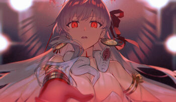 1girl armlet bracelet breasts cleavage commentary_request durga_(fate) durga_(first_ascension)_(fate) earrings fate/grand_order fate_(series) hair_ribbon highres jewelry large_breasts long_hair red_eyes revealing_clothes ribbon snake very_long_hair yuukika