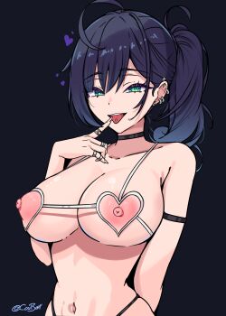1girl :p absurdres ahoge arm_strap black_background black_choker black_hair blue_hair bra breasts choker collarbone commentary coubalty ear_piercing english_commentary finger_to_mouth gradient_hair green_eyes heart highres jewelry large_breasts long_hair looking_at_viewer multicolored_hair multiple_rings navel nipples open_mouth original piercing ponytail ring signature simple_background smile solo tongue tongue_out tongue_piercing twitter_username underwear white_bra