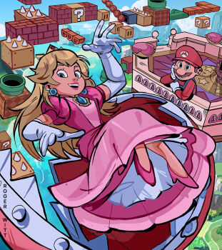 1boy 1girl artist_name blonde_hair blue_eyes blue_overalls breasts brown_hair chest_jewel commentary crown dress earrings elbow_gloves facial_hair gloves hat head_on_hand jewelry long_dress long_hair looking_at_viewer mario mario_(series) medium_breasts mustache nintendo open_mouth overalls pink_dress pink_shoes princess_peach puffy_short_sleeves puffy_sleeves red_hat red_shirt rogerwitt shirt shoes short_hair short_sleeves smile symbol-only_commentary the_super_mario_bros._movie waving white_gloves