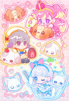 &gt;_&lt; 1boy 2girls :&lt; ;o absurdly_long_hair animal-themed_food bare_shoulders beret blonde_hair blue_crown blue_eyes blue_neckerchief blue_outline blue_shoes blue_sleeves blunt_bangs blunt_ends boots border bow bowl chibi closed_mouth clothing_cutout colored_tips commentary_request crossed_ankles crown crown_earrings cure_nyammy cure_wonderful daifuku dress dress_bow earrings expressionless eyelashes food frilled_dress frilled_sleeves frilled_thighhighs frilled_wrist_cuffs frills frown glass_bowl gloves grey_boots grey_hair grid_background hair_bow hair_ears hairband hat hat_ornament heart heart_hat_ornament high_heels highres icing in_bowl in_container inukai_komugi inukai_komugi_(dog) jewelry kashitani_futaba knee_up kneeling large_bow long_hair magical_boy magical_girl mini_crown mochi multicolored_hair multiple_girls neckerchief nekoyashiki_yuki nekoyashiki_yuki_(cat) one_eye_closed open_mouth outline outside_border paw_print pink_boots pink_border pink_bow pink_crown pink_dress pink_hair pink_outline pink_thighhighs pink_wrist_cuffs plaid_border precure puffy_short_sleeves puffy_sleeves pumps purple_eyes sailor_collar sailor_shirt shaved_ice shirt shoes short_dress short_hair short_sleeves shoulder_cutout sitting straight_hair streaked_hair striped_clothes striped_sleeves striped_thighhighs tareme thighhighs toyama_daifuku toyama_daifuku_(rabbit) toyama_satoru_(magical_boy) two-tone_hair two-tone_thighhighs very_long_hair watermark white_arm_warmers white_background white_bow white_dress white_gloves white_hat white_shirt white_sleeves white_thighhighs wonderful_precure! wrist_cuffs yellow_hairband yellow_outline yellow_sailor_collar yellow_theme