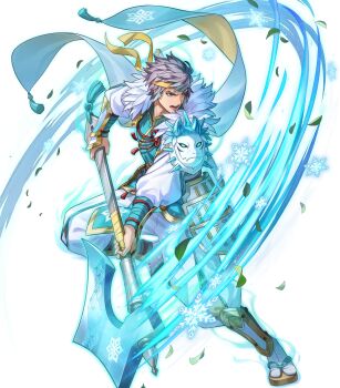 1boy aqua_eyes attack axe cape fire_emblem fire_emblem_heroes frost green_hair highres holding holding_axe hrid_(fire_emblem) hrid_(ninja)_(fire_emblem) ice japanese_clothes maid_headdress mask mask_on_shoulder ninja nintendo non-web_source official_alternate_costume official_art open_mouth sandals solo tabi