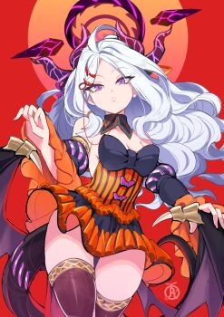 1girl ahoge blue_archive blush bow bowtie breasts demon_girl demon_horns demon_wings detached_collar hair_ornament halloween halloween_costume halo highres hina_(blue_archive) horns long_hair looking_at_viewer parted_bangs purple_eyes revolverwing small_breasts solo thighhighs white_hair wings