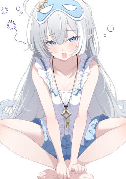 1girl :o absurdres bare_arms bare_legs barefoot blue_eyes blue_shorts breasts camisole collarbone commentary extra_pupils eye_mask fang feet female_tyrant_(stella_sora) frilled_camisole frilled_shorts frills grey_hair highres indian_style jewelry key key_necklace kkachi0909 long_hair looking_at_viewer mask necklace official_alternate_costume open_mouth pajama_shorts pajamas pointy_ears shorts sitting small_breasts solo squeans stella_sora tearing_up toes tyrant_(stella_sora) very_long_hair waking_up white_camisole yawning
