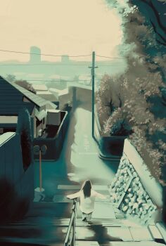 1girl building highres house long_hair meanstreet original outstretched_arms path power_lines procreate_(medium) road scenery solo spread_arms stairs street sunlight traffic_mirror utility_pole white_theme