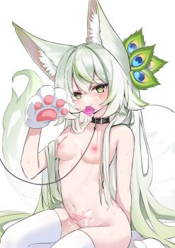 1girl absurdres animal_ear_fluff animal_ears animal_hands belt_collar black_collar breasts closed_mouth collar collarbone commentary condom condom_in_mouth cum cum_on_body cum_on_hair cum_on_stomach facial feather_hair_ornament feathers gloves green_eyes green_hair hair_ornament hand_up heart heart-shaped_pupils highres leash long_hair looking_at_viewer luochao0524 mouth_hold navel negiwolf nipples nude original paw_gloves pubic_tattoo simple_background sitting small_breasts smile solo symbol-shaped_pupils tail tattoo thighhighs very_long_hair wariza white_background white_thighhighs wolf_ears wolf_girl wolf_tail