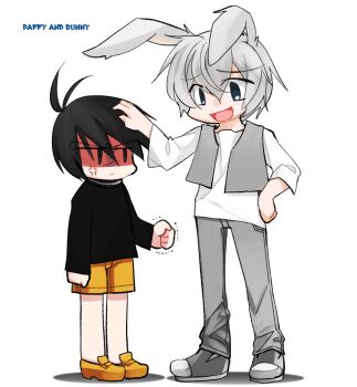 2boys anger_vein angry animal_ears black_eyes black_hair black_shirt bugs_bunny clenched_hand daffy_duck grey_footwear grey_pants grey_vest hair_between_eyes hand_on_another&#039;s_head height_difference highres humanization imotaco_nankin looney_tunes male_focus multiple_boys open_mouth pants rabbit_boy rabbit_ears shaded_face shirt shoes short_hair shorts trembling vest white_shirt yellow_shoes yellow_shorts