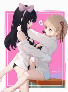 Rule 34 | 2girls, absurdres, between legs, black bra, black hair, black panties, blonde hair, border, bow hairband, bra, breasts, chocolate, cleavage, closed mouth, commentary request, edgar syu, eye contact, hair ribbon, hairband, highres, inoue takina, large breasts, looking at another, lycoris recoil, mouth hold, multiple girls, nishikigi chisato, open clothes, open shirt, outside border, panties, pink background, pink hairband, purple eyes, red eyes, red ribbon, revision, ribbon, shirt, short hair, sitting, twitter username, underwear, white border, white shirt, yuri