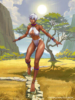 1girl abs africa anklet armlet bad_tag barefoot bikini black_skin bracelet capcom choker colored_skin dark-skinned_female dark_skin elena_(street_fighter) grass gunshiprevolution helmet highres jewelry mountain muscular neck_ring necklace official_art outstretched_arms path road savannah short_hair solo spread_arms standing standing_on_one_leg stone street_fighter sun swimsuit tall_female tiptoes tree white_hair