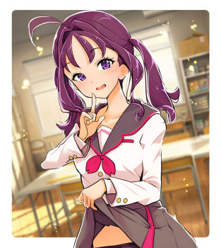 1girl ahoge black_panties blurry blurry_background classroom clothes_lift commentary_request day grey_sailor_collar grey_skirt hamuhamu hanamichi_middle_school_uniform index_finger_raised indoors kimi_to_idol_precure lifting_own_clothes light_particles long_sleeves looking_at_viewer medium_hair miniskirt neckerchief open_mouth panties partial_commentary pleated_skirt precure purple_eyes purple_hair red_neckerchief sailor_collar school_uniform shigure_kokoro shirt skirt skirt_lift smile solo standing twintails underwear white_shirt