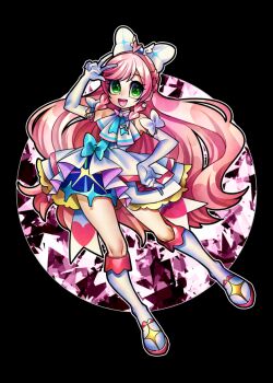 Rule 34 | 1girl, black background, blue bow, bow, commentary, commentary request, cure prism, earrings, elbow gloves, english commentary, gloves, green eyes, heart, hirogaru sky! precure, jewelry, magical girl, mixed-language commentary, nijigaoka mashiro, open mouth, pink hair, precure, senmu (0107), simple background, smile, solo, v, white bow