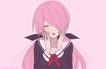 Rule 34 | 1girl, :o, black bow, black shirt, bow, bowtie, chaos;child, closed eyes, collarbone, commentary request, efunohitof4, facing viewer, hair bow, hair over one eye, hands on own cheeks, hands on own face, hands up, hekiho academy school uniform, highres, long hair, minamisawa senri, one eye covered, open mouth, pink background, pink hair, red bow, red bowtie, sailor collar, sayonara princess (vocaloid), school uniform, science adventure, shadow, shirt, simple background, solo, twintails, twitter username, upper body, watermark, white sailor collar