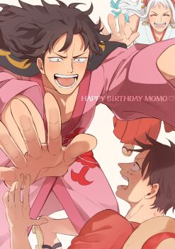 Rule 34 | 1girl, 2boys, ^ ^, black hair, closed eyes, commentary request, d e r e l, earrings, excited, geta, hakama, haori, happy birthday, hat, highres, hoop earrings, japanese clothes, jewelry, kimono, kouzuki momonosuke, long hair, monkey d. luffy, multiple boys, one piece, pink kimono, red hakama, scar, scar on face, sleeveless, sleeveless kimono, straw hat, sweatdrop, tears, white hair, yamato (one piece)
