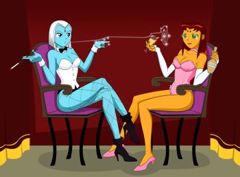 2girls black_boots black_bow black_bowtie blowing_smoke blue_skin boots bottle bow bowtie chair choker cigarette cigarette_holder collar colored_skin corset cosplay cuff_links cuffs curtains dc_comics elbow_gloves facing_another finger_twirl fingerless_gloves fishnet_pantyhose fishnets forehead_jewel glass gloves green_eyes high_heels holding holding_bottle holding_cigarette holding_glass hypnosis jimryu leotard mind_control multiple_girls mustard mustard_bottle narrow_waist open_mouth orange_skin pantyhose pink_choker pink_heels pink_leotard playboy_bunny pointing pumps purple_eyes raven_(dc)_(cosplay) red_background red_hair smile smoke smoke_trail source_request sparkling_eyes spell starfire straight_hair swirl teen_titans white_corset white_gloves white_hair wooden_chair