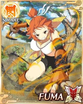 1girl all_fours aura bike_shorts boots breasts brown_eyes card_(medium) chain cleavage crop_top elbow_gloves fingerless_gloves fuma_(senran_kagura) fuuma_shuriken game_cg gloves grin hair_ribbon holding holding_shuriken holding_weapon large_breasts looking_at_viewer medium_hair midriff non-web_source official_alternate_costume official_art orange_hair outdoors ribbon scarf senran_kagura senran_kagura_new_wave shuriken smile topknot tree weapon yellow_scarf