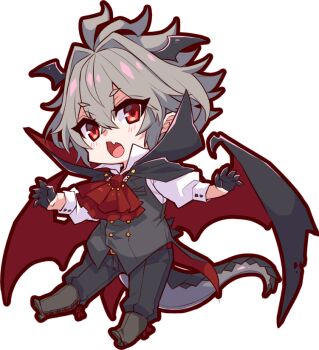 1boy antenna_hair black_pants black_vest chibi claws commentary_request dragon_tail dragon_wings dress_shirt fang fate/apocrypha fate_(series) grey_hair hair_between_eyes haoro high_contrast male_focus messy_hair mystical_high_collar pants red_eyes shirt short_hair sieg_(fate) simple_background skin_fang tail vampire_costume vest white_background white_shirt wings