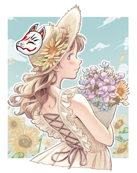 Rule 34 | 1girl, blush, bouquet, brown hair, cloud, cross-laced clothes, day, dress, flower, fox mask, grey eyes, highres, long hair, mask, original, otto (otto52coffee), profile, sky, smile, solo, sunflower, upper body