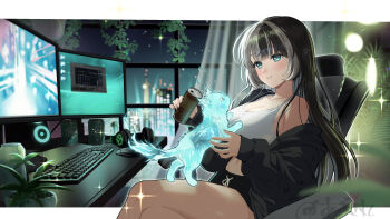1girl absurdres alternate_costume azusamaru black_hair black_jacket black_shorts blunt_bangs blurry blurry_background breasts can cat chair cleavage commentary_request commission computer_keyboard crop_top crossed_legs desk ghost grey_hair headphones highres holding holding_can hololive hololive_dev_is hood hooded_jacket indoors jacket juufuutei_raden large_breasts letterboxed long_hair looking_at_animal monitor multicolored_hair night on_chair parted_lips short_shorts shorts single_off_shoulder sitting skeb_commission straight_hair streaked_hair tank_top two-tone_hair virtual_youtuber white_tank_top
