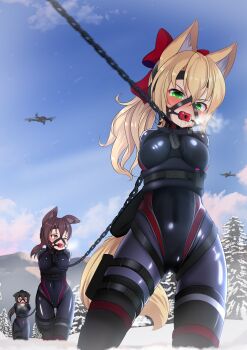 3girls absurdres aircraft angry animal_ears armbinder ball_gag bdsm best_girls black_hair blonde_hair blue_sky blush breasts brown_eyes brown_hair chain closed_eyes coffle collar drone formal_clothes gag green_eyes highres hotel01 leash leash_pull leashed_to_another linked_collar medium_breasts multiple_girls navel_visible_through_clothing original outdoors ponytail saliva sky snow suit tail thigh_gap tight_clothes tree wiffle_gag