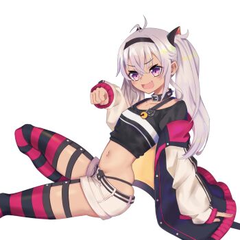 1girl ahoge black_collar black_jacket black_panties black_shirt black_thighhighs breasts collar commentary_request dark-skinned_female dark_skin fang highleg highleg_panties highres jacket long_hair looking_at_viewer matsukai_mao matsukai_mao_(1st_costume) nijisanji open_mouth panties paw_pose pink_eyes red_thighhighs shirt small_breasts smile solo sooon spiked_collar spikes striped_clothes striped_thighhighs thighhighs twintails underwear virtual_youtuber white_background white_hair