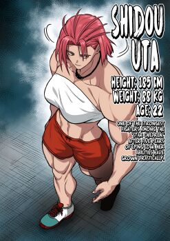 1girl breasts closed_mouth english_text isshou_senkin motion_lines muscular muscular_arms muscular_female muscular_legs non-web_source pink_hair red_shorts serious shidou_uta shirt shoes short_hair shorts smoke sneakers solo stomach walking weighing_scale white_shirt