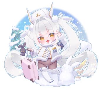 1girl armband black_panties black_pantyhose blanc_(fortune_express)_(nikke) blanc_(nikke) blush boots chibi chibi_only commentary_request goddess_of_victory:_nikke hair_intakes hair_ornament hat highres jacket kozakana_shiyo long_hair long_sleeves open_mouth panties panties_under_pantyhose pantyhose sidelocks snow snowflakes solo stuffed_animal stuffed_rabbit stuffed_toy suitcase thigh_boots tree twintails underwear v very_long_hair white_boots white_hat white_jacket