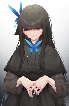 Rule 34 | 1girl, absurdres, adachi t (xadachit), black background, black dress, black hair, blue butterfly, brown eyes, bug, butterfly, butterfly hair ornament, butterfly on neck, closed mouth, commentary, dress, english commentary, girls' frontline, gradient background, hair ornament, highres, insect, interlocked fingers, long hair, looking at viewer, lunasia (girls' frontline), simple background, smile, solo, two-tone background, white background