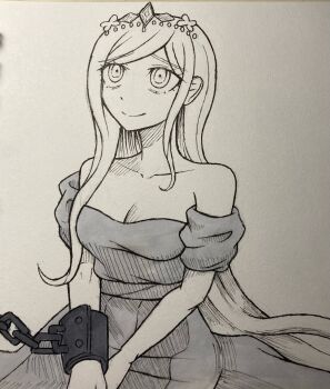 1girl bare_shoulders breasts chain cleavage closed_mouth collarbone commentary cosplay danganronpa_(series) danganronpa_2:_goodbye_despair dress english_commentary eyelashes greyscale headpiece highres monochrome princess_(slay_the_princess) princess_(slay_the_princess)_(cosplay) short_sleeves simple_background single_sidelock slay_the_princess smile solo sonia_nevermind split_mouth thegreenteabox traditional_media white_background