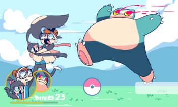 1boy 1girl animal_ears animal_hands animated animated_gif arms_up artist_name artist_self-insert black_eyes black_hair black_pants blue_jacket blue_sky bow brown_hair carrying chasing claws cloud day diives extra_mouth fangs feet furry gameplay_mechanics gen_1_pokemon gen_3_pokemon glasses grass hat health_bar jacket long_sleeves looping_animation lowres mawile mountain nintendo open_mouth outdoors pants pink_bow pink_shirt poke_ball_theme pokemon pokemon_(creature) pokemon_go pokemon_rgby pokemon_rse princess_carry running shirt shoes signature simple_background sky snorlax teeth text_focus white_footwear