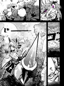 Rule 34 | 4girls, blood, clenched teeth, clone, commentary, crown, duplicator (earclacks), earclacks, english commentary, highres, holding, holding polearm, holding weapon, hole on body, knight, lance, lance (earclacks), long hair, multiple girls, open mouth, polearm, ponytail, purple hair, sakanaflyer, serious, teeth, textless version, weapon