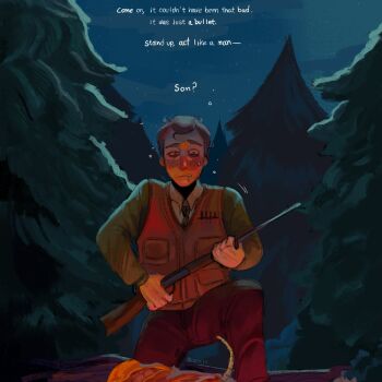 1boy bags_under_eyes blush brown_hair clay_puppington claymton dead_animal drooling drunk forest green_eyes gun guro highres holding holding_gun holding_weapon male_focus moral_orel nature on_one_knee outdoors pants rifle short_hair solo tree uneven_eyes vest weapon