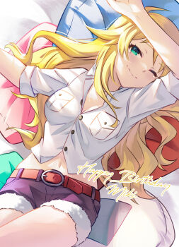 1girl arm_on_own_head belt blonde_hair breast_pocket buttons commentary cursive denim denim_shorts english_commentary english_text happy_birthday highres hoshii_miki idolmaster idolmaster_(classic) idolmaster_million_live! idolmaster_million_live!_theater_days legs long_hair looking_at_viewer lying midriff on_back on_bed one_eye_closed pillow pocket shirt shorts sleepy sleeves_rolled_up smile solo tears wanderstillart