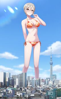 1girl arm_behind_back bikini commission earrings finger_to_cheek floral_print flower_bikini giant giantess grey_eyes grey_hair hair_between_eyes highres idolmaster idolmaster_cinderella_girls jewelry looking_at_viewer navel numaguro_(tomokun0808) orange_bikini parted_bangs photo_background real_world_location shiomi_syuko short_hair side-tie_bikini_bottom skeb_commission swimsuit