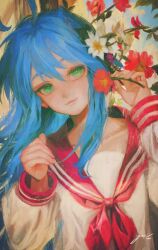 Rule 34 | 1girl, absurdres, ahoge, blue hair, cloud, collarbone, commentary, flower, green eyes, hair between eyes, highres, holding, holding flower, izumi konata, long hair, long sleeves, looking at viewer, lucky star, mole, mole under eye, neckerchief, red neckerchief, red sailor collar, ryouou school uniform, saik you, sailor collar, school uniform, serafuku, signature, sky, smile, solo, symbol-only commentary, upper body, very long hair