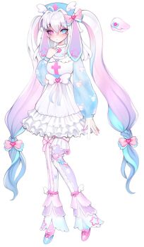 1girl blue_eyes bow breasts closed_mouth cloud_(lufaeris) commentary dress english_commentary footwear_bow frilled_dress frills full_body gradient_hair grey_hair hair_between_eyes hair_bow hand_on_own_chest hat long_hair long_sleeves looking_at_viewer multicolored_hair nurse_cap original pink_bow pink_eyes pink_hair purple_thighhighs simple_background small_breasts solo thighhighs very_long_hair white_background white_dress