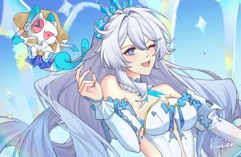 1girl ahoge artist_name bare_shoulders blue_eyes breasts commentary detached_sleeves dress highres honkai_(series) honkai_impact_3rd kiana_kaslana kiana_kaslana_(ba-dum!_fiery_wishing_star) kucen_(kkucenn) large_breasts long_hair official_alternate_costume rice_cake_(honkai_impact) snake symbol-only_commentary tiara upper_body very_long_hair white_dress