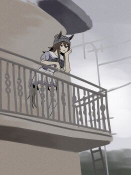 1girl against_railing animal_ears balcony beanie bow bowtie brown_hair commentary hand_on_own_cheek hand_on_own_face hat highres horse_ears horse_girl horse_tail juan_(meme) medium_hair meme miniskirt nakayama_festa_(umamusume) pleated_skirt purple_bow purple_bowtie purple_eyes purple_shirt railing reinren_sa sailor_collar school_uniform shirt short_sleeves skirt solo standing summer_uniform tail thighhighs tracen_school_uniform umamusume white_sailor_collar white_skirt white_thighhighs