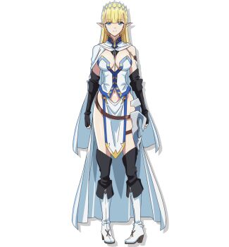 Rule 34 | 1girl, anime coloring, belt, black gloves, blonde hair, blue eyes, blunt bangs, boots, breasts, cape, capelet, cleavage, closed mouth, clothing aside, elbow gloves, elf, fingerless gloves, gloves, hashidate kana, hazurewaku no joutai ijou skill de saikyou ni natta ore ga subete wo juurin suru made, high heel boots, high heels, highres, large breasts, long hair, looking at viewer, navel, official art, pelvic curtain, pelvic curtain aside, pointy ears, seras ashrain, simple background, smile, solo, straight hair, thighhighs, thighs, tiara, transparent background, white boots, white cape