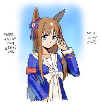 Rule 34 | 1girl, animal ears, armband, blue eyes, blue jacket, bow, brown hair, closed mouth, dress, ear bow, ear ornament, ear ribbon, english text, grass wonder (stone-piercing blue) (umamusume), grass wonder (umamusume), horse ears, horse girl, jacket, kaibootsu, long hair, long sleeves, looking at viewer, multicolored hair, sailor collar, smile, solo, umamusume, upper body, white dress, white hair, white sailor collar