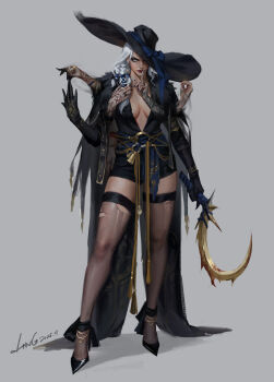 1girl absurdres arm_tattoo black_thighhighs bow braid breasts cleavage closed_mouth extra_arms gloves hand_tattoo hat high_heels highres jewelry jingyu_wen large_hat looking_at_viewer medium_breasts original shoes simple_background smile solo stiletto_heels tattoo thighhighs torn_clothes torn_thighhighs white_eyes white_hair witch witch_hat zettai_ryouiki