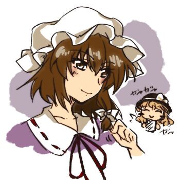 Rule 34 | 2girls, ^ ^, black hat, blonde hair, blush, blush stickers, bow, brown eyes, brown hair, cellphone, closed eyes, closed mouth, collared dress, contrast collar, cosplay, costume switch, dress, dress ribbon, hair between eyes, hair bow, hat, hat bow, holding, holding phone, maribel hearn, maribel hearn (cosplay), medium hair, mob cap, multiple girls, phone, purple dress, red ribbon, ribbon, sanwa no jako (daikichi club), short hair, smartphone, smile, taking picture, touhou, translated, twirling hair, usami renko, usami renko (cosplay), white background, white bow, white hat