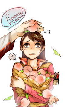 1girl absurdres animification brown_eyes brown_hair cellphone cyan_(nerve) food fruit gogo_sentai_boukenger highres holding holding_food holding_fruit jacket long_hair nishihori_sakura peach phone pink_theme silver super_sentai takaoka_eiji