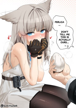 Rule 34 | 1girl, 1other, animal ears, arknights, arknights: endfield, artist name, bare shoulders, ben-day dots, bird ears, bird girl, black gloves, black pantyhose, blue eyes, blush, breasts, breath, commentary, dress, ear wiggle, egg, embarrassed, endministrator (arknights), english commentary, english text, gloves, gradient background, grey hair, heart, highres, holding, holding egg, kukiyuusha, long hair, looking at viewer, medium breasts, multicolored gloves, no jacket, nose blush, orange pupils, pantyhose, perlica (arknights), pov, pov hands, screentones, simple background, sitting, steam, sweat, twitter username, two-tone gloves, white background, white dress, yellow gloves